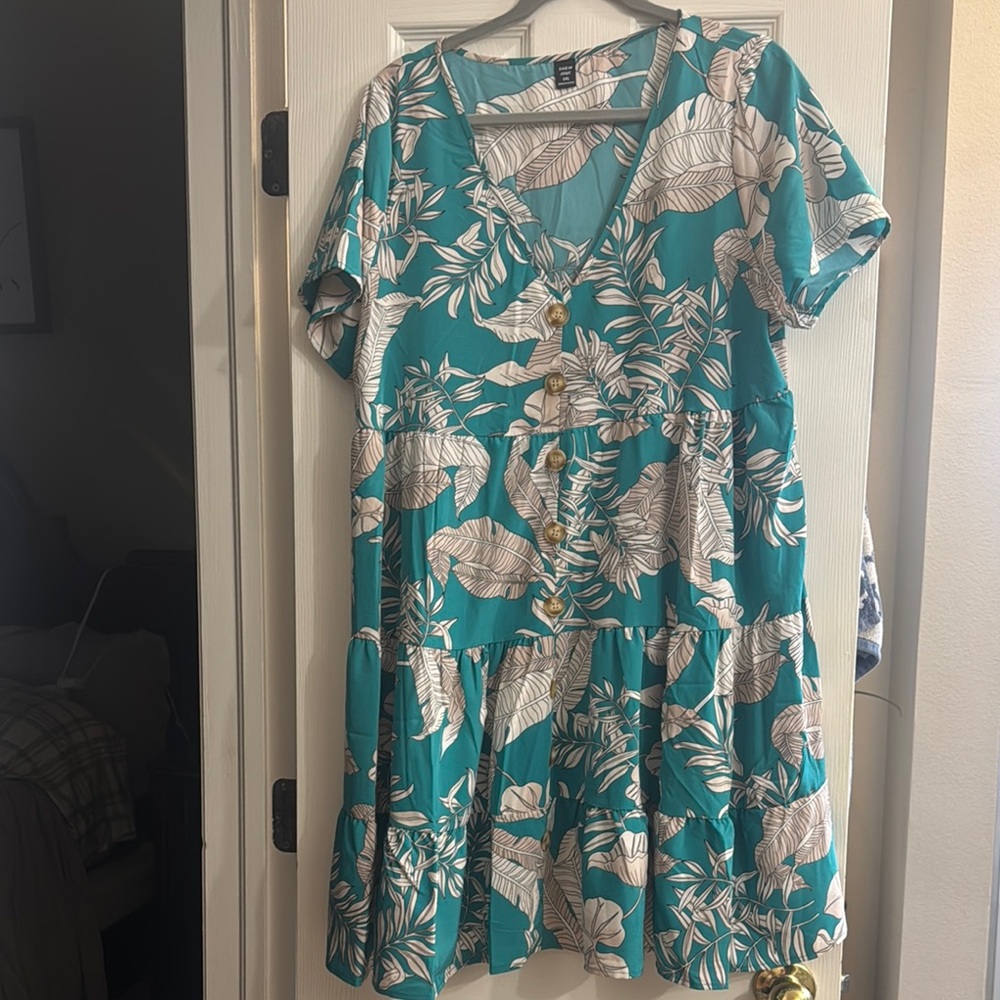 SHEIN Teal and Cream Leaf Print Blouse